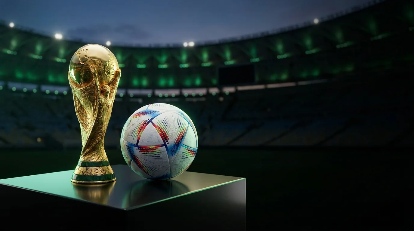 World Cup 2026 trophy and ball on the pitch